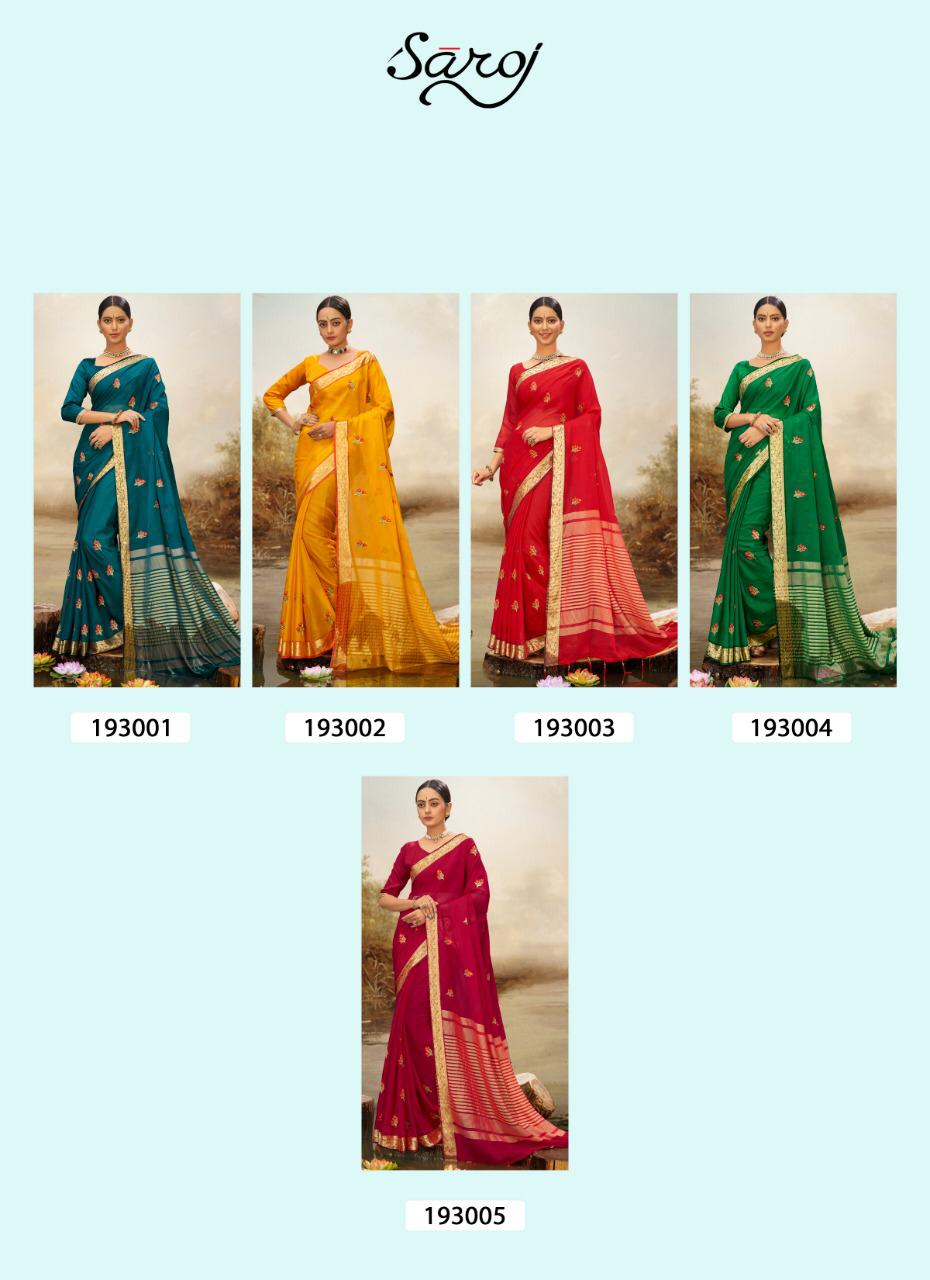  Saroj  Noreen Latest Fancy Multi colore work and chit pallu and border Designer Soft Chiffon Saree Collection